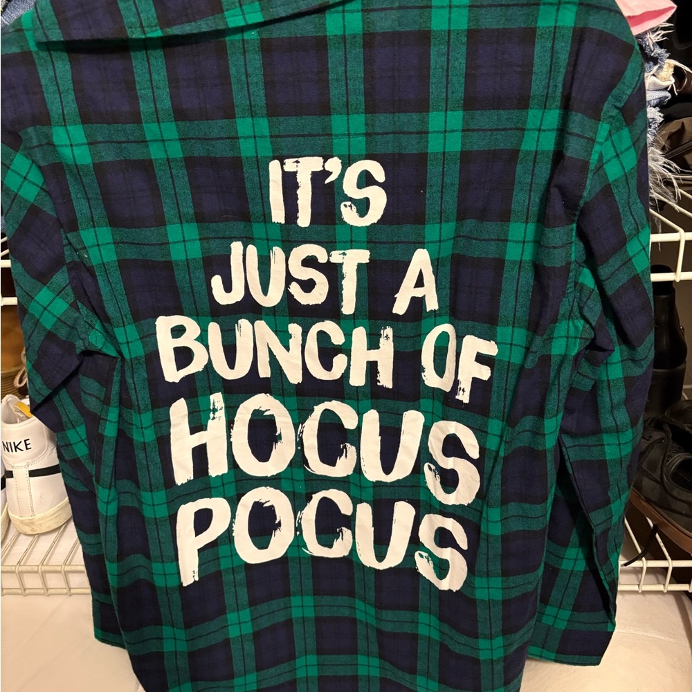 Green and Blue Plaid Shirt with Hocus Pocus Print